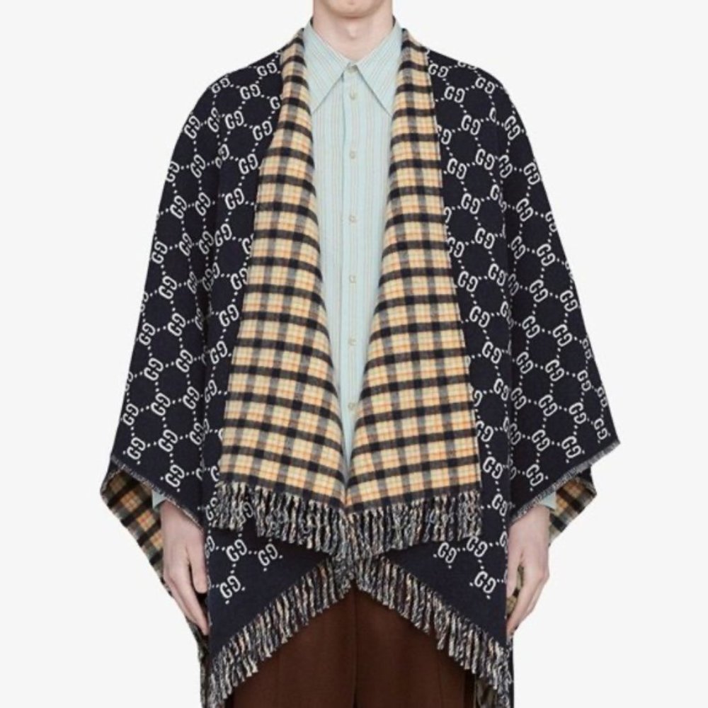 Gucci Poncho GG Logo Reversible Fringed 100% Wool